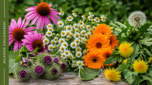 Plantes médicinales de la famille des Astéracées  échinacée, camomille matricaire, calendula, pissenlit et bardane - Herboristerie Sensathé